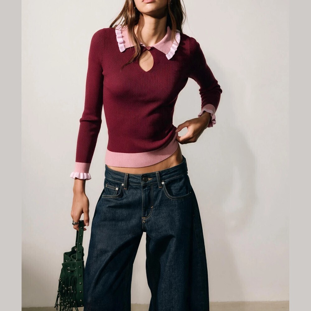 Burgundy Ribbed Knit Pink Contrast Collar Keyhole Slim Fit Sweater